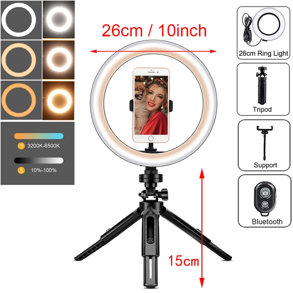 

10in LED Photography Ringlight Lighting with Tripod Dimmable Photo Fill Lamp Selfie Ring Light Trepied Phone Stand Youtube Live