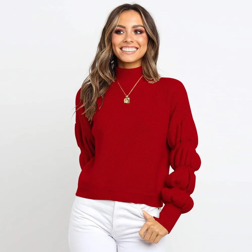 Lantern Sleeve Casual Turtleneck Sweater Women Black White Loose Knit Pullover Pullovers Fall Red Winter Sweaters | Женская одежда