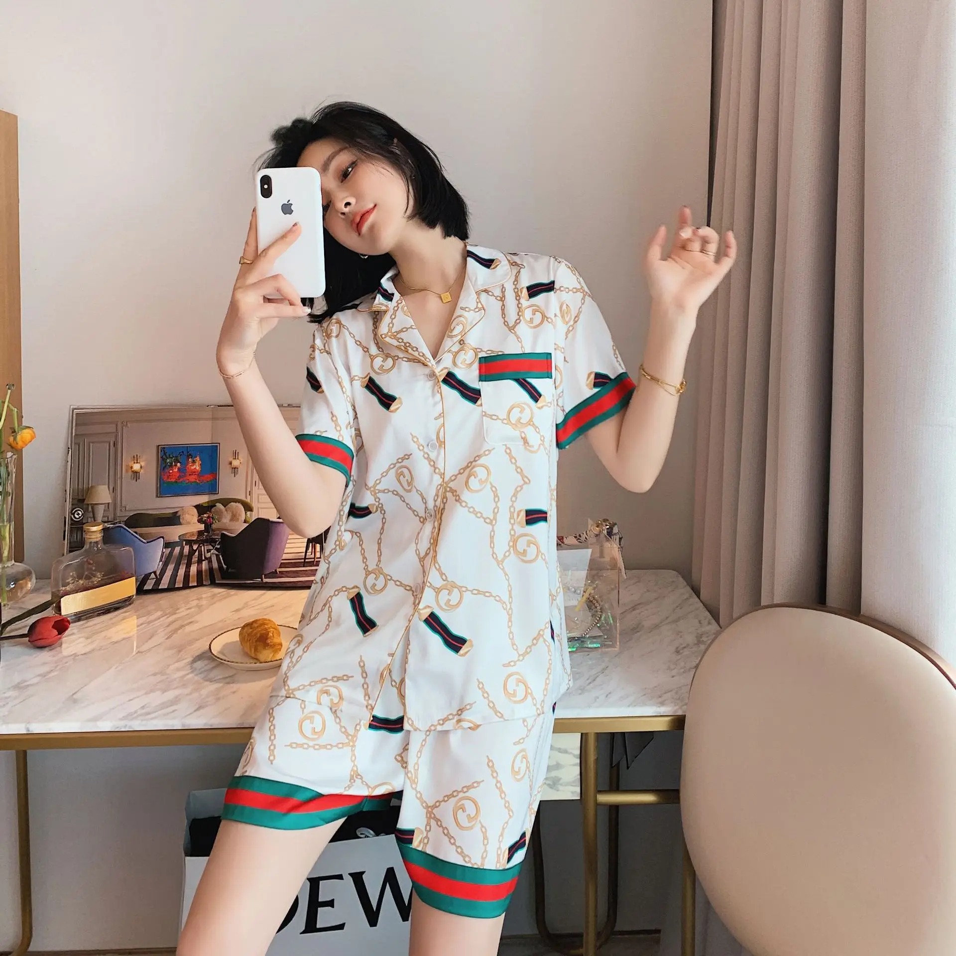 

New Summer Women's Homedress Pajamas Short Sleeve Shorts Nightgown Lapel Sleepwear Thin Ice Silk Cardigan Fashion Home Clothing