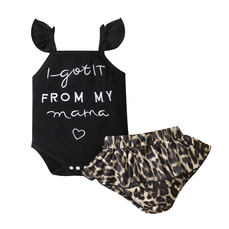 

Baby Girls 2PCS Summer Outfits Fly Sleeve Letter Embroidery Bodysuit + Leopard Shorts Set