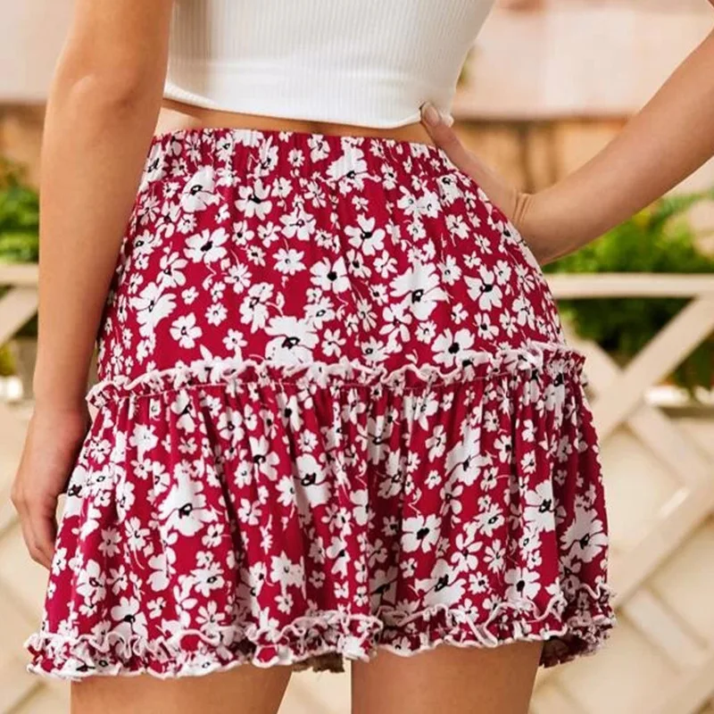 

Sukibandra Summer A Line Floral Vintage Skirt Women Red Pleated Ruffle Beach Skirts Bohemian Boho Short Mini High Waist Skirt