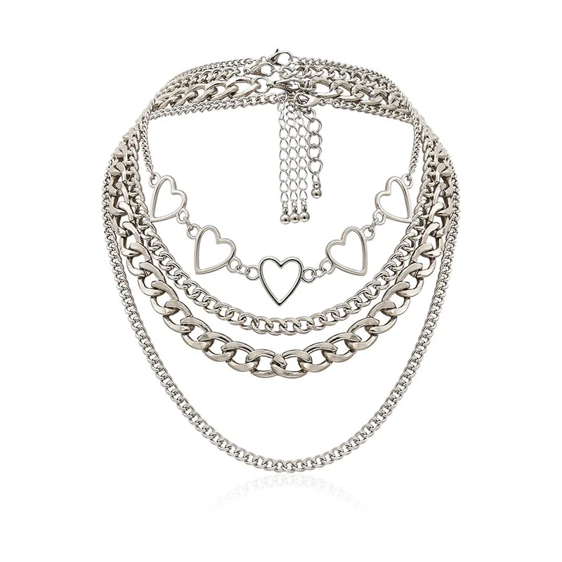 

New Vintage Fashion Silver Color Heart-shape Multilevel Chain Pendant Necklaces for Women Necklace Female Boho Jewelry Gift
