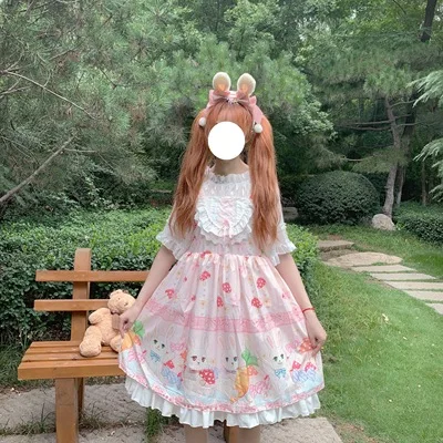 Розовый Kawaii японский Лолита девушка Лолита гриб кролик кружева милое платье без рукавов - Цвет: Розовый