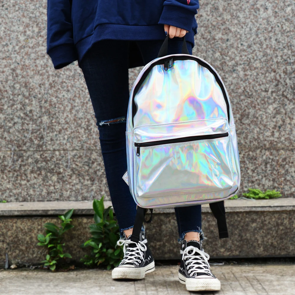 

NEW backpack female holographic backpack girls shine reflective laser letters women bag shoulder PU Bags for Teenage Girls