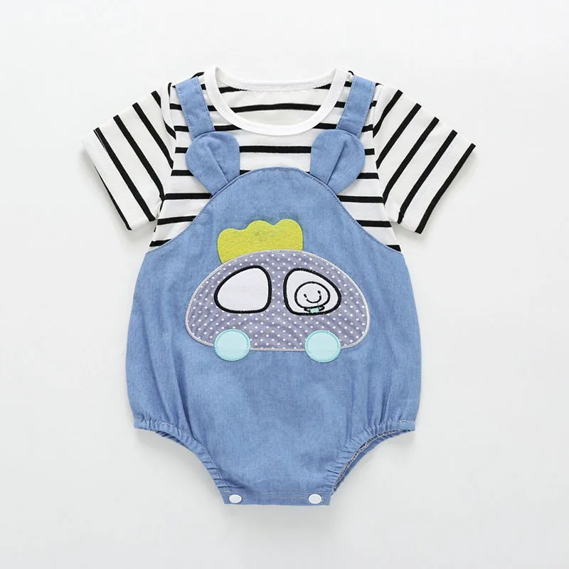 

2020 European and American cartoon pattern children's clothing romper fake two-piece romper stripe explosion