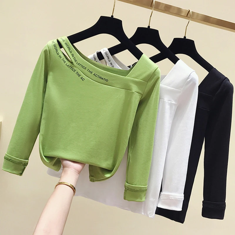 

gkfnmt Korean Women Tshirt Long Sleeve Hollow Out Cotton Tops T Shirts Sexy V-Neck Autumn Letter Black Tee Shirt Femme 2020