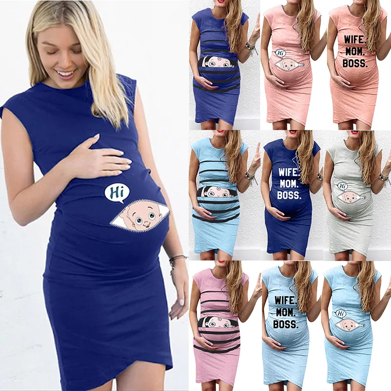 

2020 Summer Maternity Women Dress Pregnancy Dresses Cut Baby Catoon Print Mama Clothes Short Seleeve Pregnant Womens Clothing