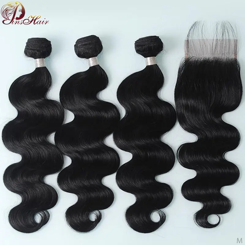 Pinshair бразильские волнистые пучки с закрытием натуральные черные Remy кудрявые
