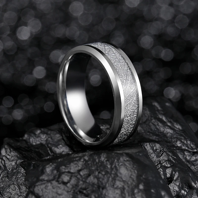 

Men 8MM Meteorite Stone Pattern Inlaid Silver Color Stainless Steel Ring Engagement Wedding Band Cocktail Party High Jewelry