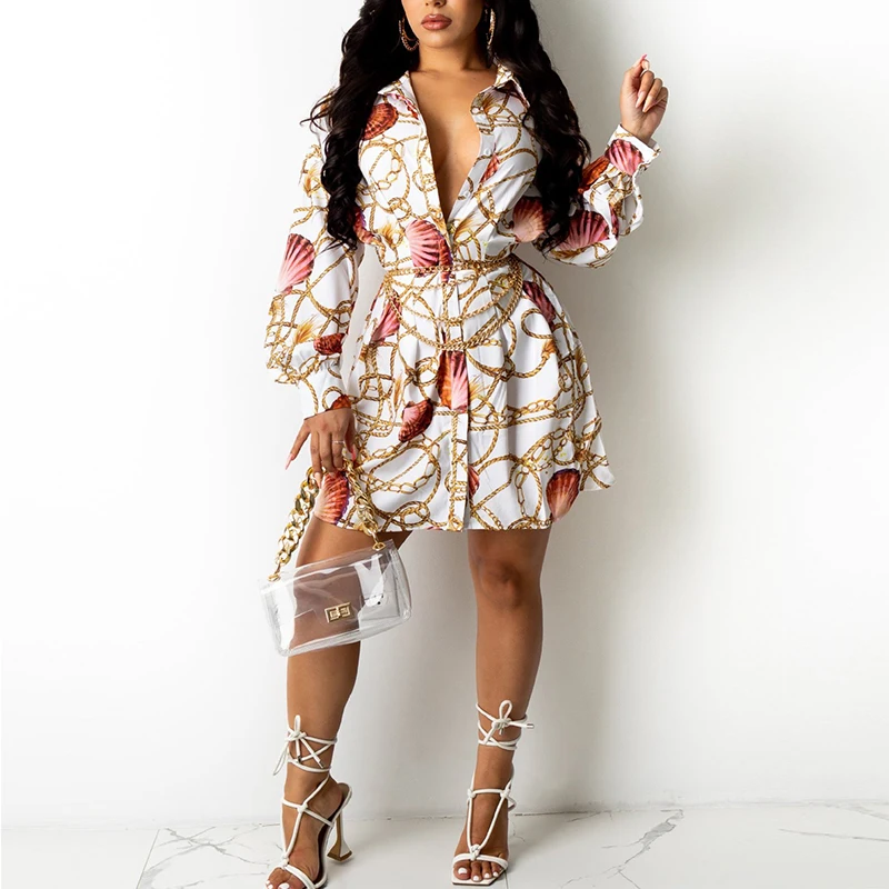 

Винтажное платье-рубашка с длинным рукавом и принтом цепей элегантное мини-платье с отложным воротником