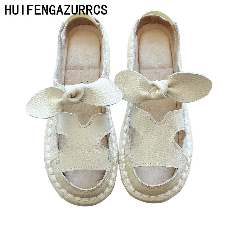 Careaymade-Cowhide soft sole hollow shoes Literature Art Korean flat sole pregnant women's shoes Roman  comfortable sandals