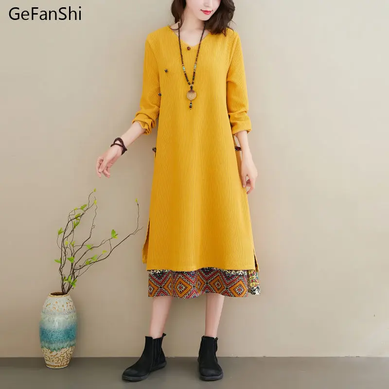 

New Arrival Autumn Winter Women Dresses Casual Long Sleeve Loose Cotton Patchwork Dress Fashion Elegant Dress Clothing Robe