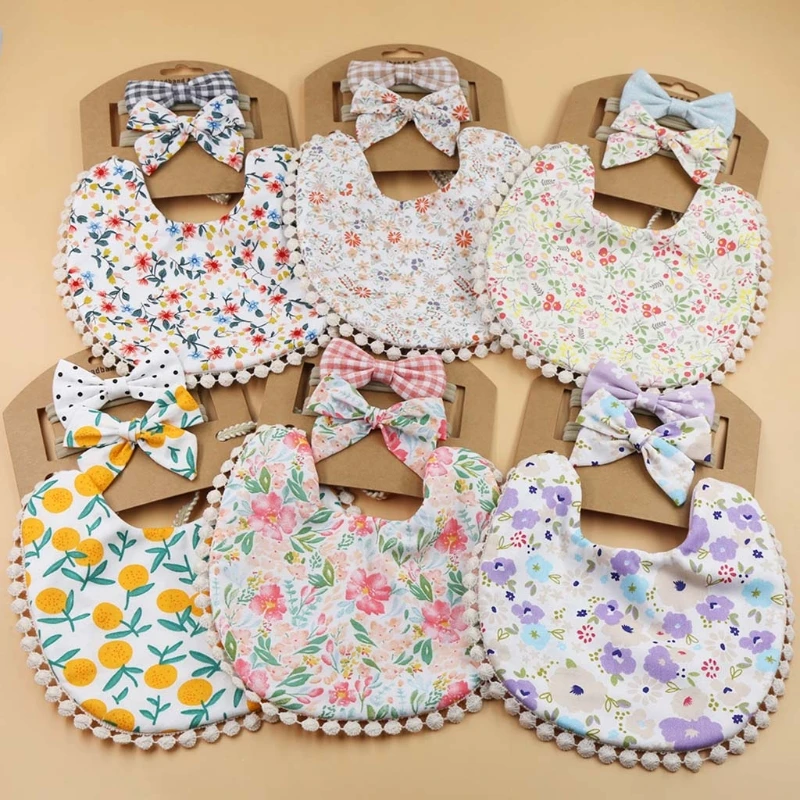 

2 Pcs Baby Headbands+ 1 Pc Tassel Saliva Towel Kit Newborn Floral Print Double Side Bibs Bandana Burp Cloths Feeding Smock L9CD