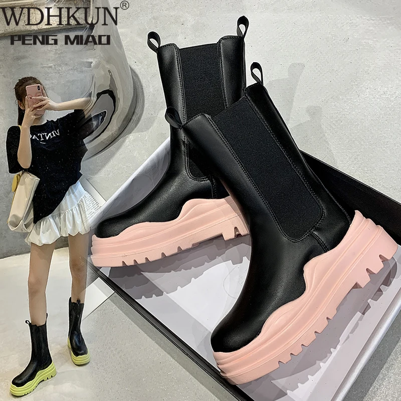

Женские сапоги из натуральной кожи WDHKUN, коллекция 2021 года, эластичные ботинки челси на платформе и толстой подошве, женские сапоги до середи...