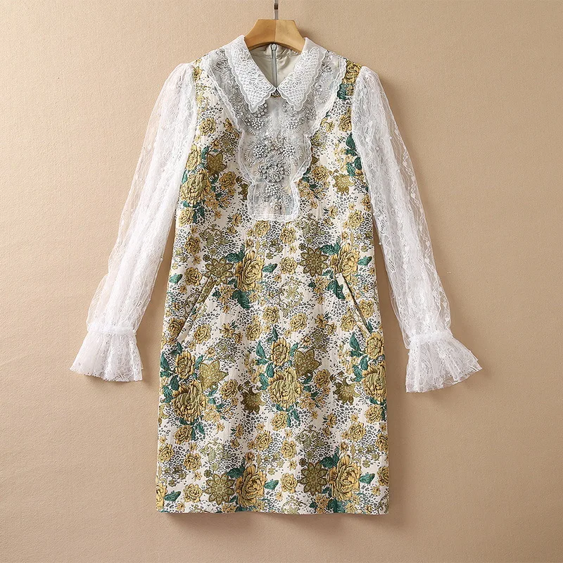 

Женское жаккардовое платье, кружевное платье в европейском и американском стиле с длинными рукавами и бусинами, осень 2021