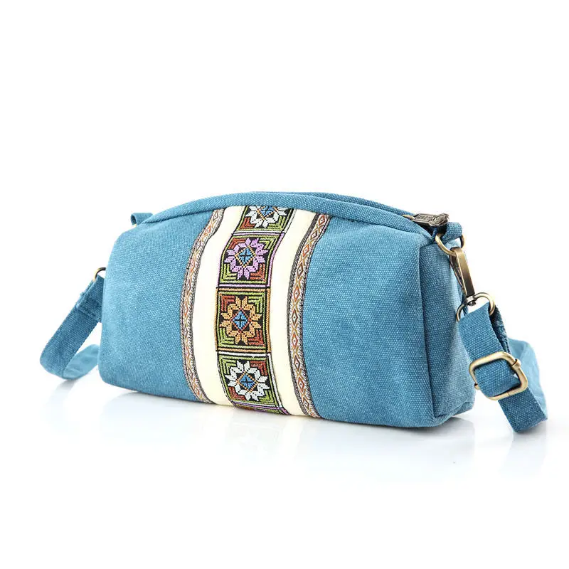 New Women Canvas Messenger Bags National Retro Embroidered Canvas Blue Single Shoulder Bag Women Small Travel Beach Bag