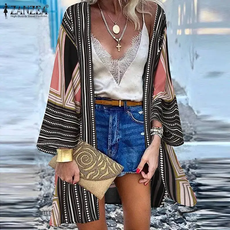 

Party Vocation Tops ZANZEA Women Bohemian Printed Cardigan Summer Blouse Vintage Floral Long Sleeve Kimono Casual Loose Shirts