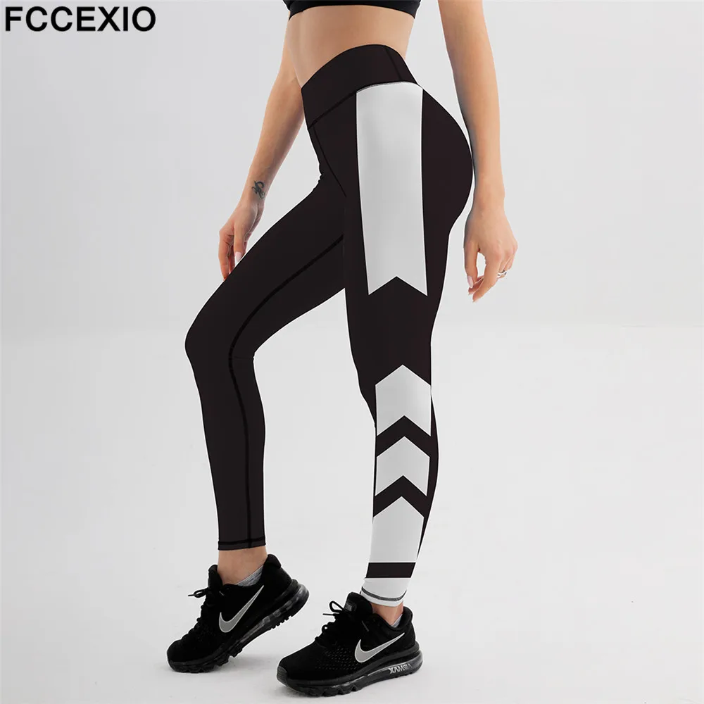 

FCCEXIO Brand Fashion Summer Women Pants Patchwork Printed High Waist Soft Workout Black Seamless Running Leggings