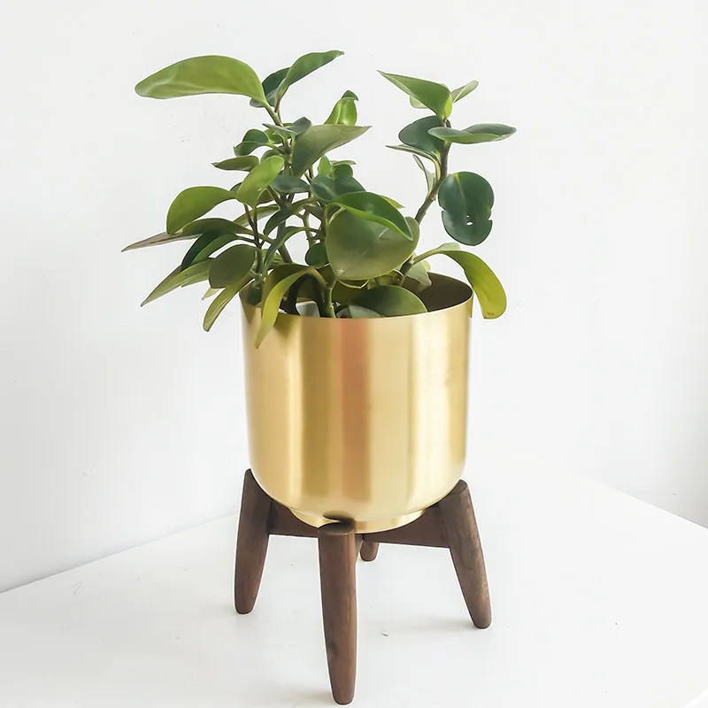 

Decoration Flower Pot European Indoor Decoration Living Room Golden Wrought Iron Vase Wooden Shelf Planters Indoor Plants