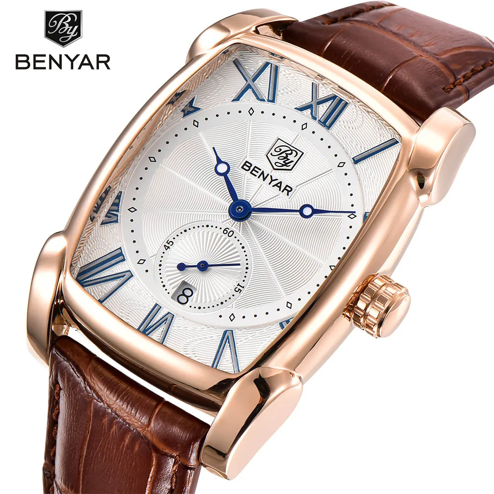 BENYAR Luxury Men's Sports Watches Waterproof Leather Strap Analog Fashion Quartz Business Wristwatch Gold Watches Gift for Man