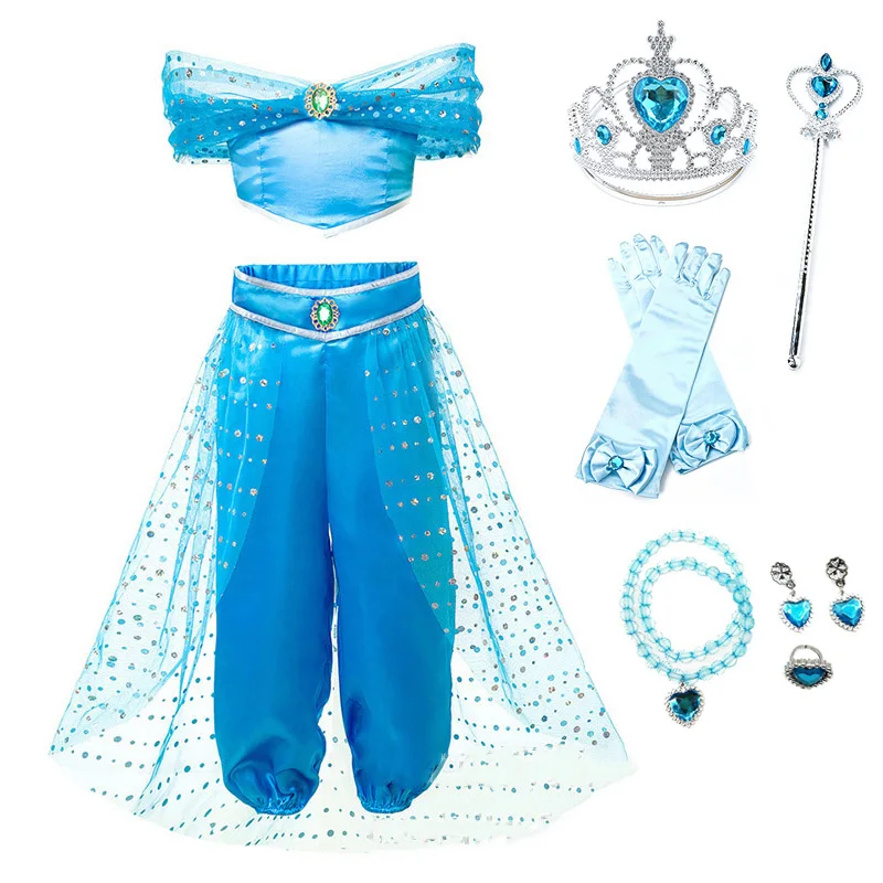 Clothes and Set-1 Платье принцессы жасмин для девочек; Детский костюм Елены; детская одежда для карнавала, дня рождения, вечеринки, Рождества, костюмированной вечеринки; Детская повязка для волос - Цвет: Clothes and Set-1