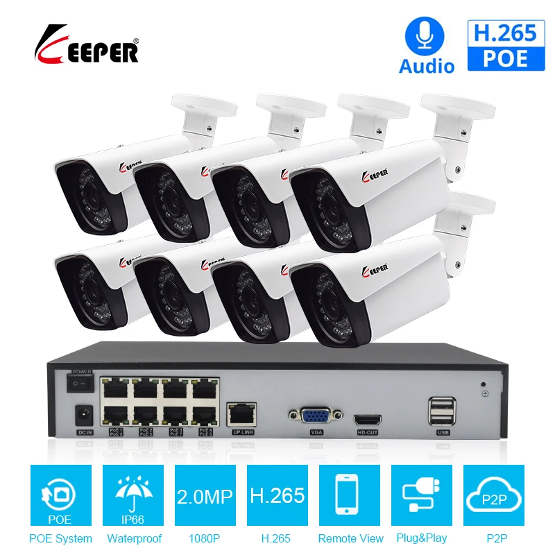 Хранитель H.265 8CH 1080P HDMI POE NVR комплект CCTV система безопасности 2MP ИК наружная с 8 шт IP POE камера P2P комплект видеонаблюдения