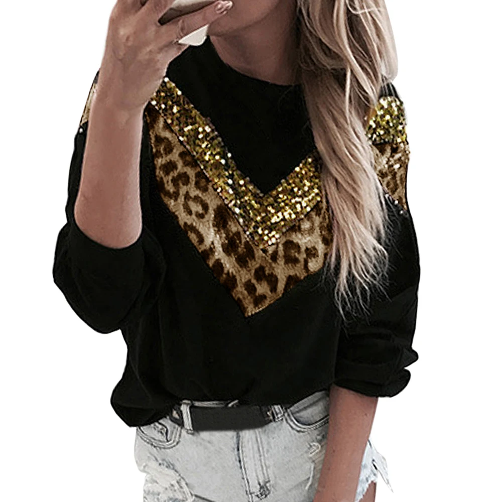 Yellow Leopard CALOFE женские блестящие Лоскутные рубашки с леопардовым принтом, женские футболки с длинным рукавом, женский свободный пуловер, черные топы размера плюс S-XL - Цвет: Yellow Leopard