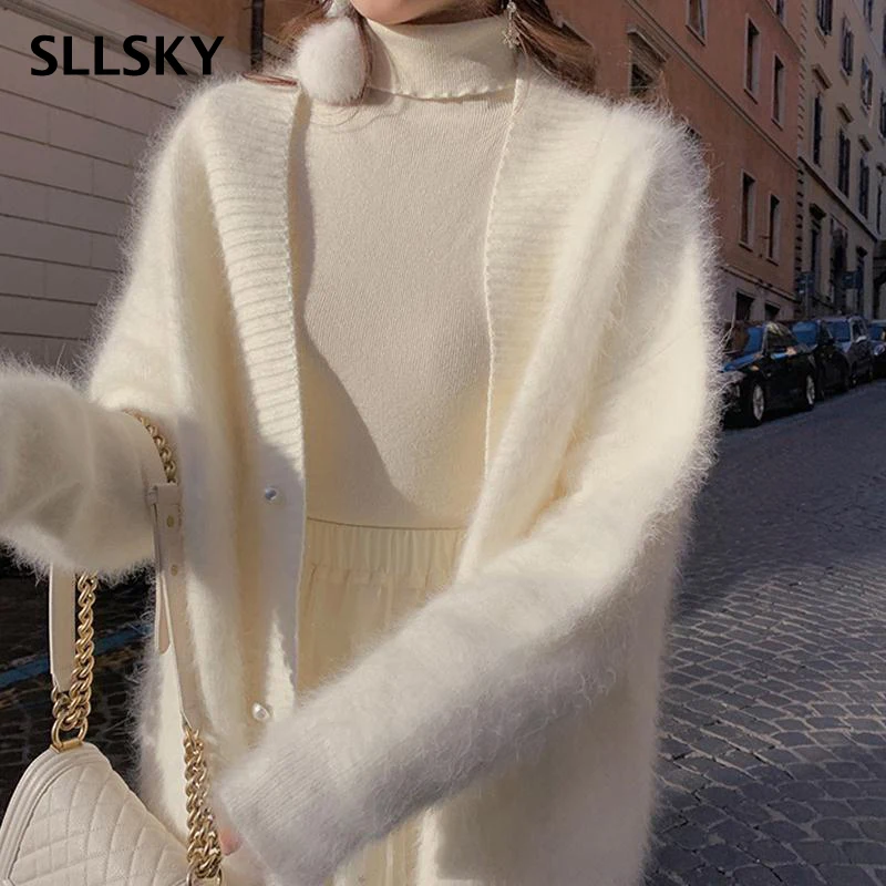 

SLLSKY Elegant Mink Cashmere Women Cardigan Swetaer Chic Winter Pearl Button V-Neck Knitted Sweater Mohair Soft Loose Outerwear