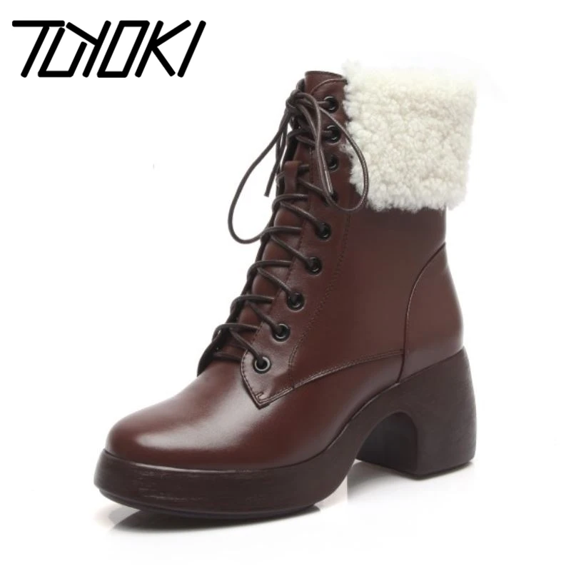

Tuyoki женские зимние ботинки модные ботинки на плоской подошве теплые сапоги из натуральной кожи; Туфли на высоком каблуке с мехом; Зимняя обу...