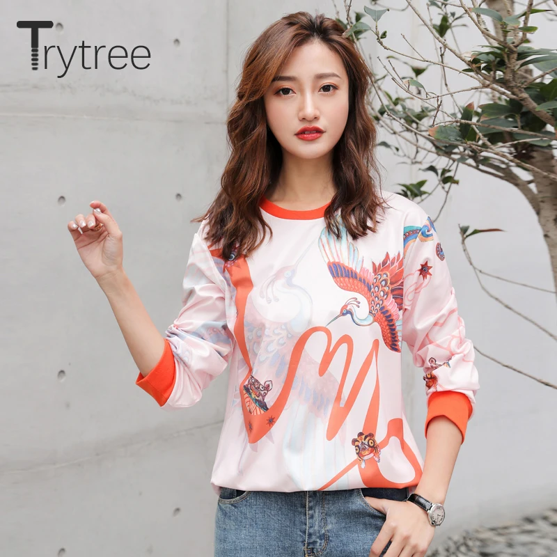 Trytree 2019 осенние женские модные толстовки с принтом Феникс пуловеры круглым