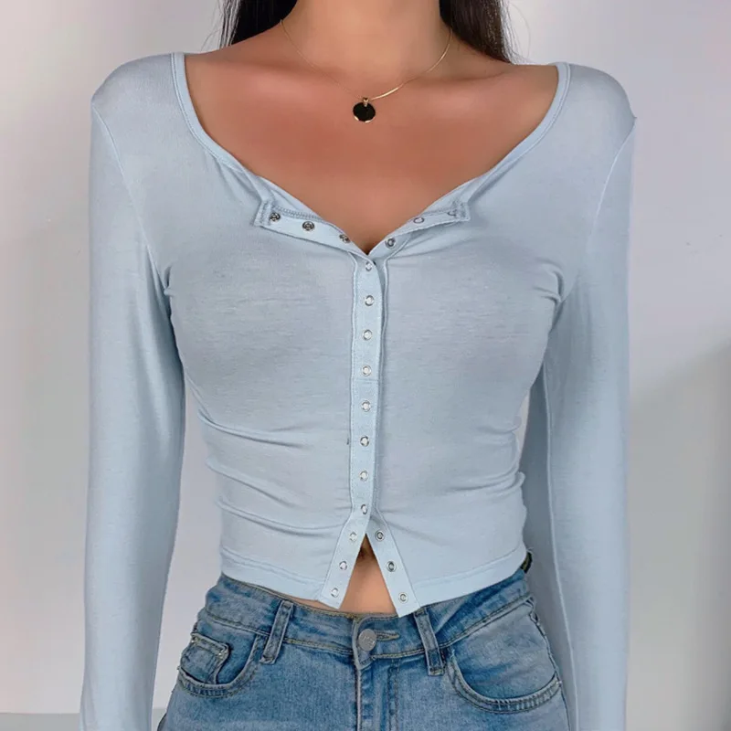 

SWEETKAMASummer Square Collar Button Cardigan Short Top Women's Fashion Temperament Solid Color Female T-Shirt