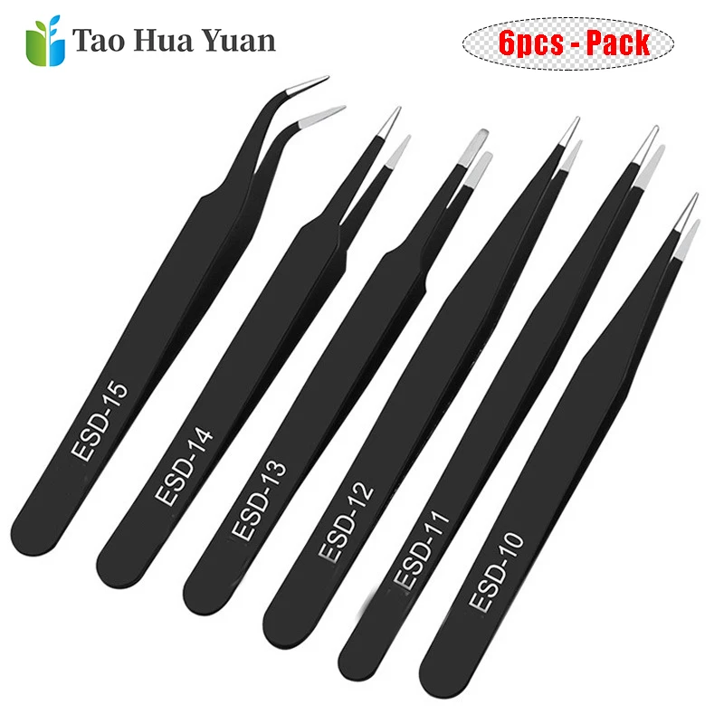 

6pcs Anti-static ESD10-15 Stainless Steel Tweezers Maintenance Tools Industrial Precision Curved Straight Tweezers Repair Tools