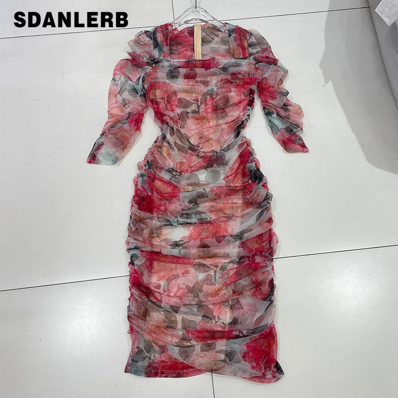 

National Fashion Retro Dress Pleating Square Collar Mesh Floral Print Dress Women's Mid-Length Summer Office Lady Sheath Skirt