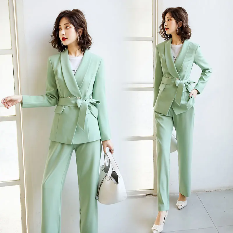 

New Fashion Autumn Spring Women Lace Up Pant Suit Notched Blazer Jacket & Pant Office Wear Suits Female 2 Piece Set
