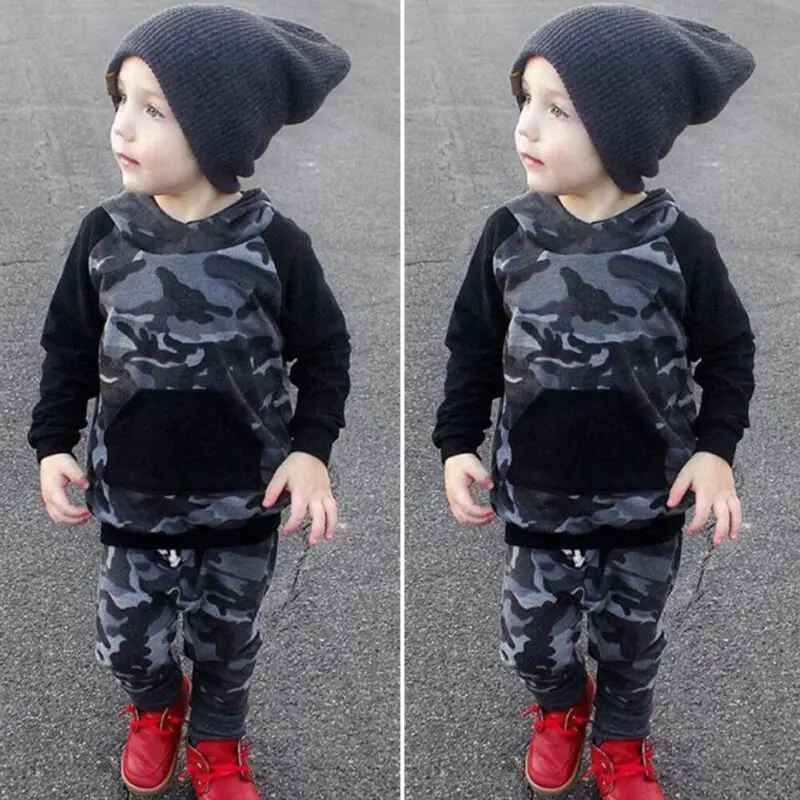 Камуфляжная одежда для маленьких мальчиков топ с длинными рукавами и капюшоном +
