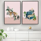 Настенная картина Розовый Джунгли, тигр Гепард, леопард, тропические растительные рисунки на холсте, скандинавские постеры для гостиной, домашний декор