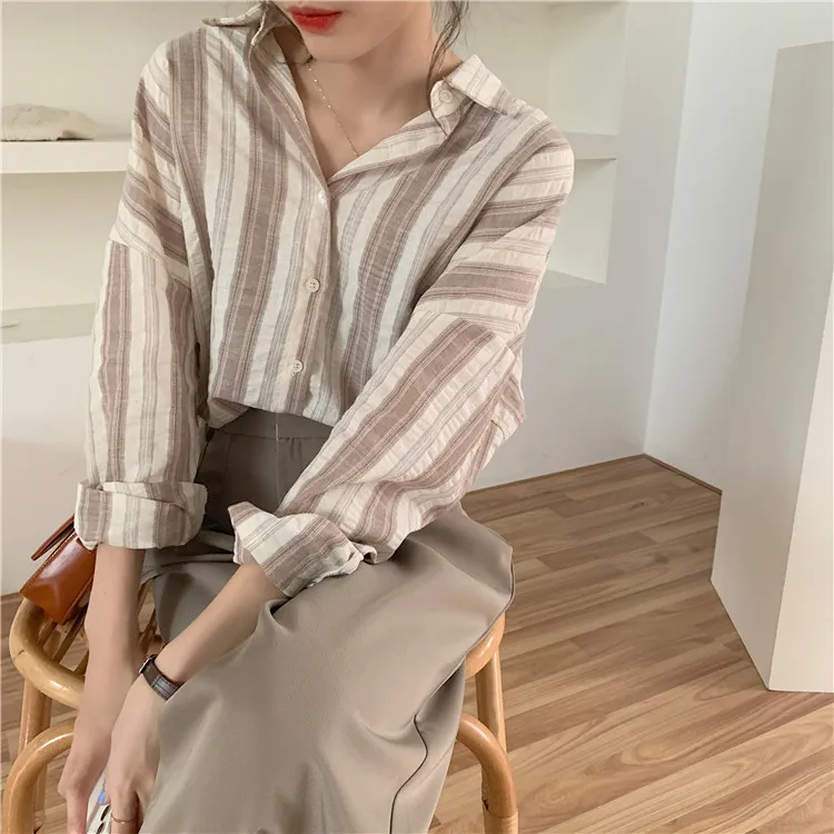 

Qooth Womens Tops Loose Blouse 2020 Summer Stripe Shirt Women Long Sleeve Blouse Korean Woman Clothes Roupas Femininas QT164