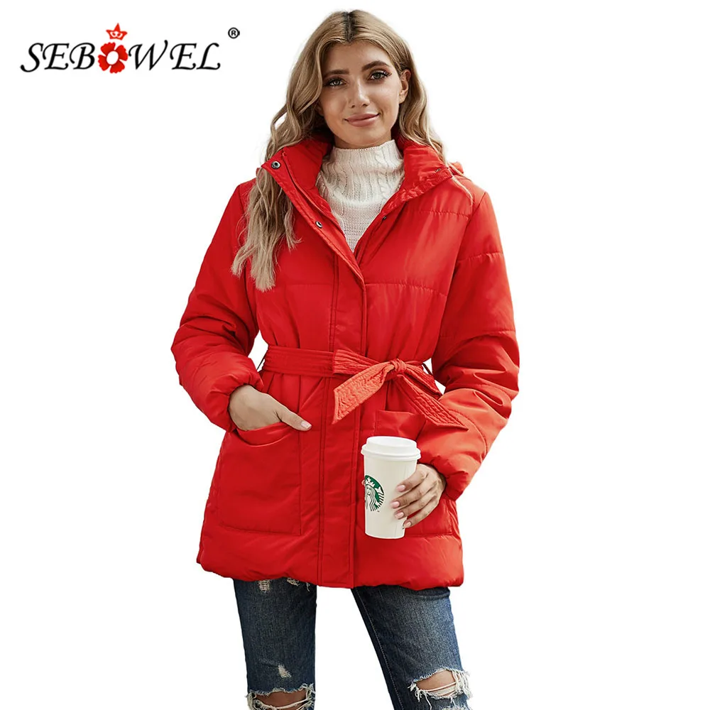 

SEBOWEL Winter Warm Hooded Puffer Jacket for Women Chic Cozy Long Sleeve Zip Button Thick Outwear Coats with Sashes Pocket S-XXL