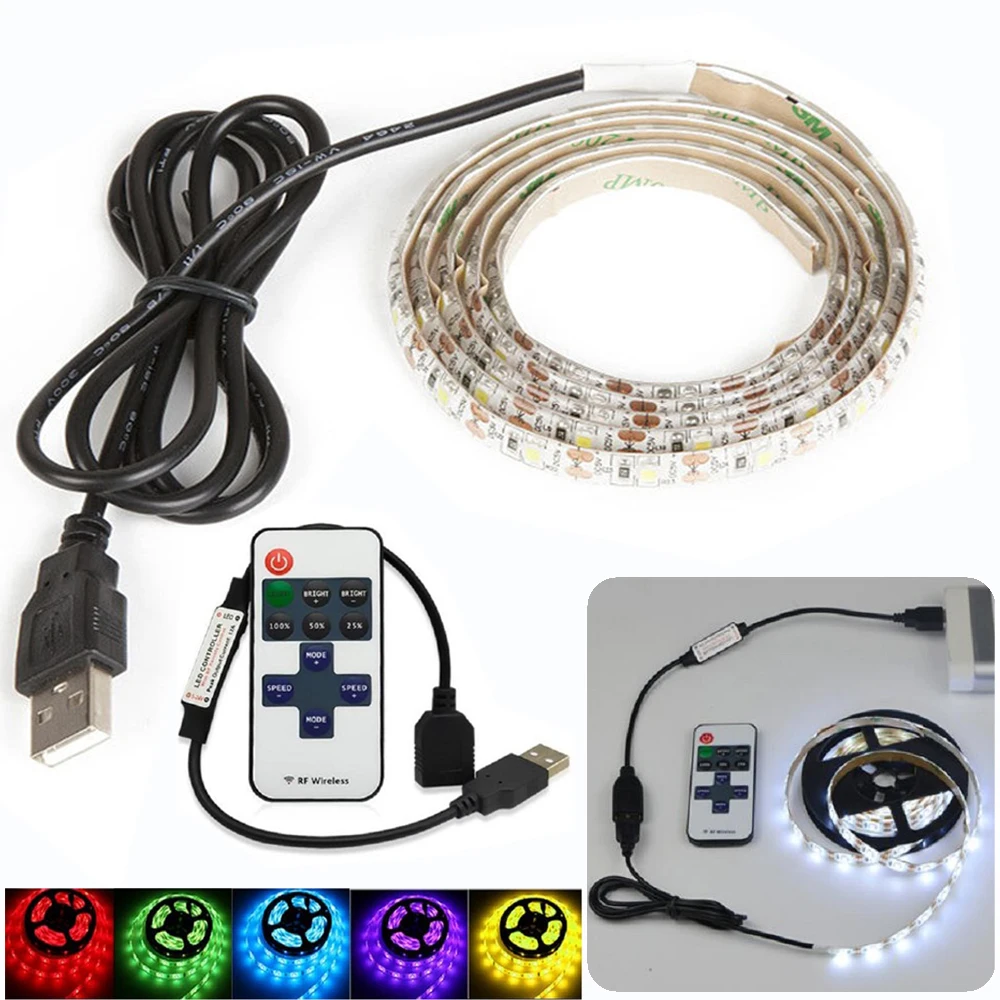

Приглушаемая Светодиодная лента USB 5 В, Светодиодная лента с 11 кнопками, радиочастотный контроллер для ТВ, фона, монитора ПК, украшение тепло...