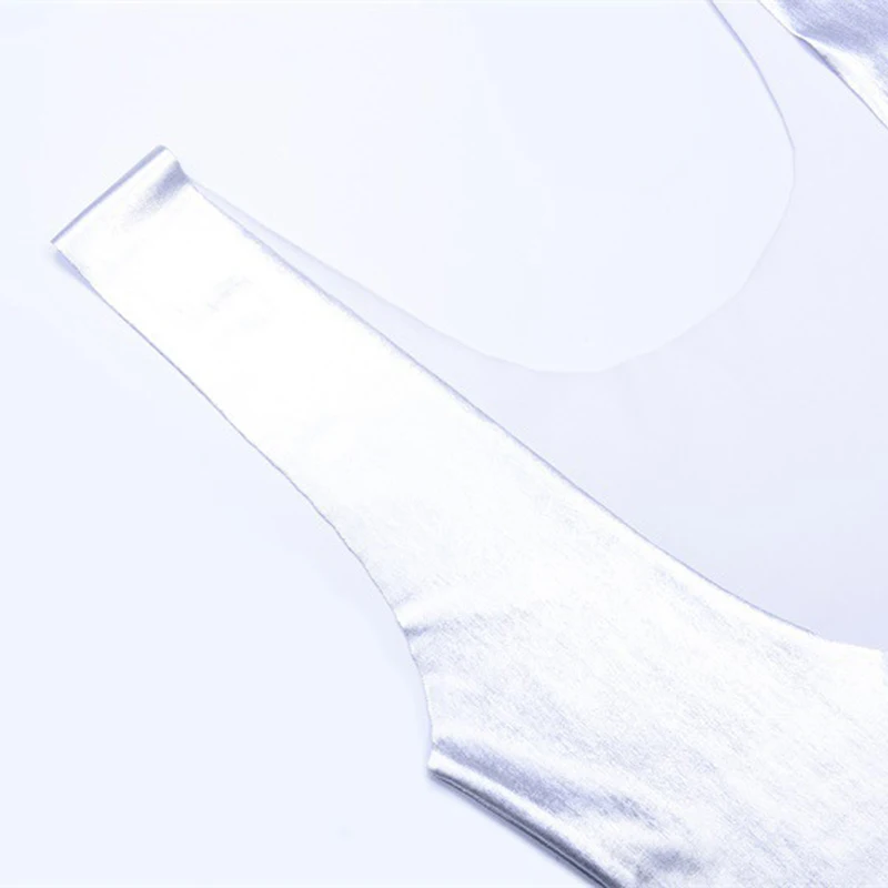 

2020 Sexy Backless Club Party Short Dress Solid Silver Look Bodycon Faux Leather Push Up Bra Mini Micro Dress Leotard