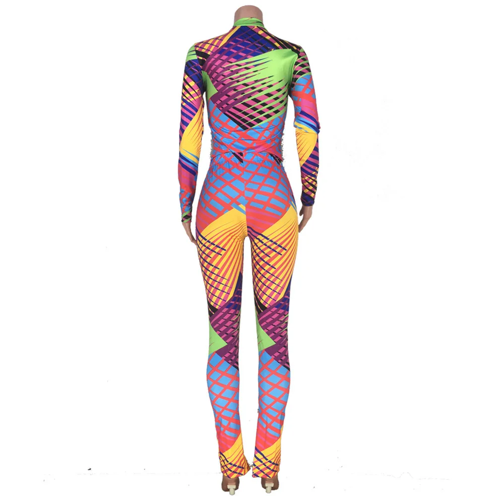 

Women's Sets Geometric Print Zipper Long Sleeve Slim Tops and Split Hem Skinny Leggings Casual Workout Sportwear 2 Piece Outfits