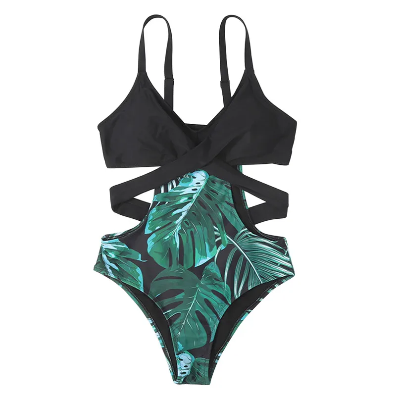 

Womens Fashion Leaves Printed Bandage Hollow Slim Swimsuit Sexy Suspender Bikini One-piece Swimsuit Bathing Suit