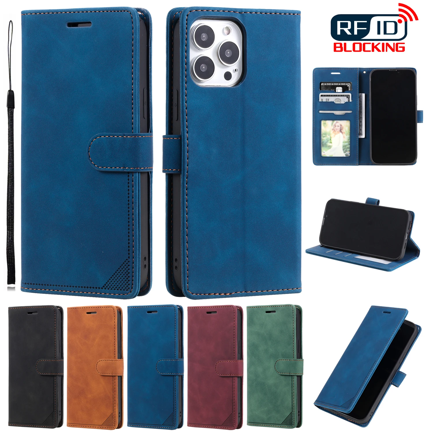 

Leather RFID Blocking Protect Flip Cover For iPhone 13 Pro 12 Mini XS Max XR 11 7 Plus 8P 7G SE2020 Stand Case Card Slots Soft