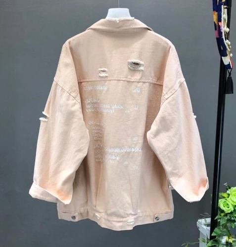 pink dreses Neploe Koream джинсовые куртки женские с дырками с длинным рукавом винтажные джинсовые куртки свободные весна осень вышивка буквы пальто черная верхняя одежда - Цвет: pink dreses