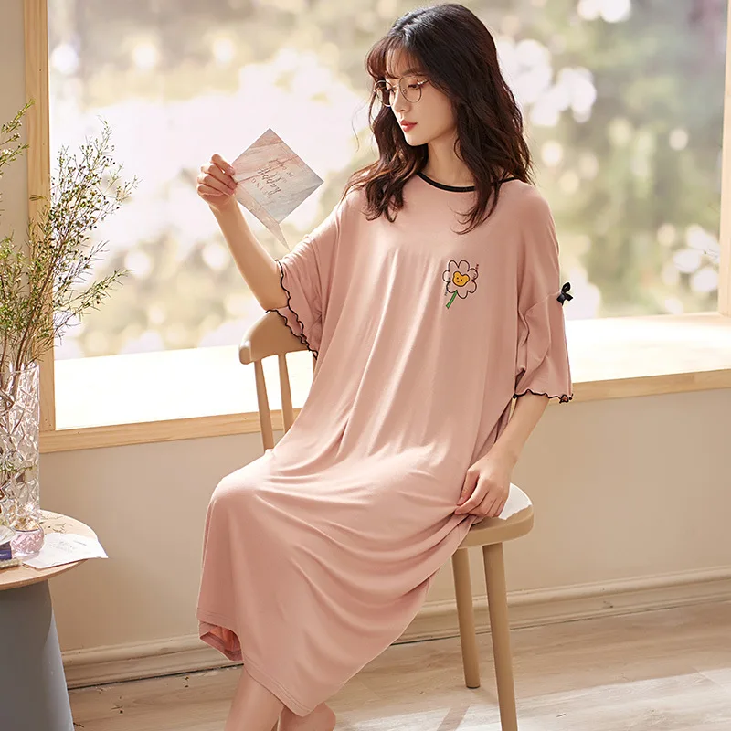 Summer New Style Short Sleeve Nightgown & Sleepstirts Large Size Long Skirt Household Over Knee Nightdress Women's Sleepwear