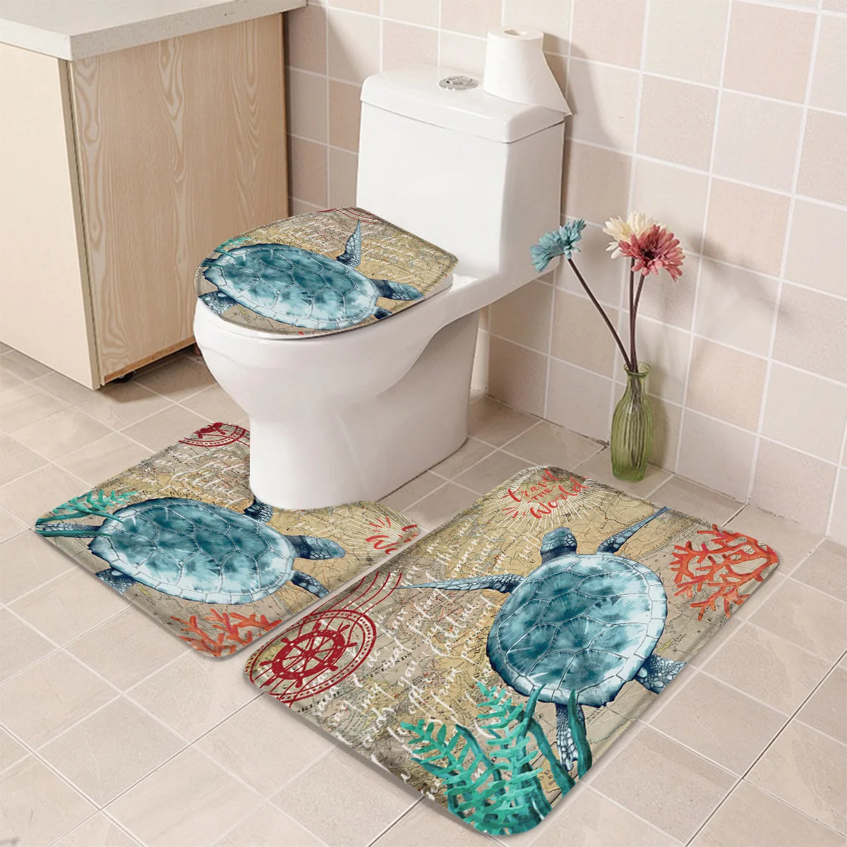 3 Pieces Bathroom Set Nautical Theme Sea Turtle Retro Map Durable Bath Toilet Cover Mat Pedestal Rug Non-Slip | Дом и сад