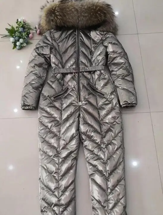 grey Подгонянный супер Настоящий мех зимний комбинезон для женщин белый утиный пух куртки Женский лыжный костюм пуховик верхняя одежда - Цвет: grey
