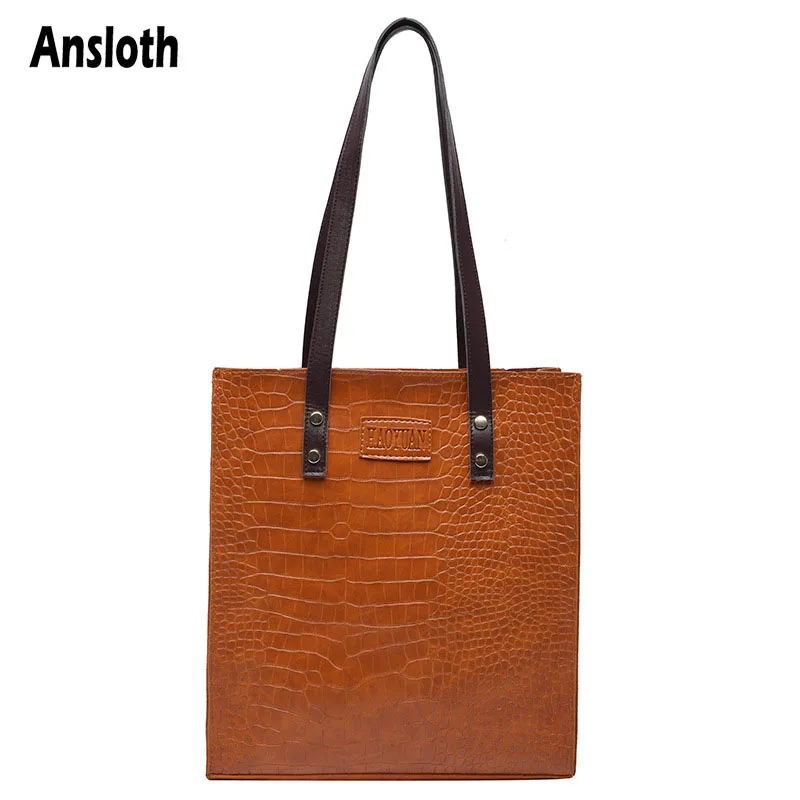 

Ansloth Vintage Crocodile Pattern Shoulder Bags Women Handbags Design Brand PU Leather Bucket Bags Luxury Totes Bag Lady HPS956