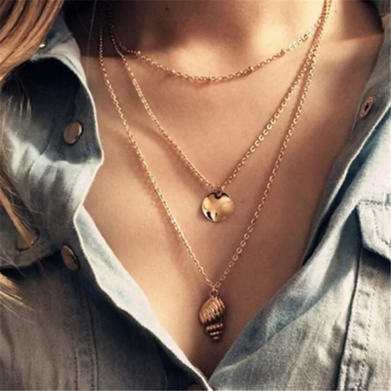 

Multilayer Metal Sequin Alloy Conch Pendant Chain Necklace