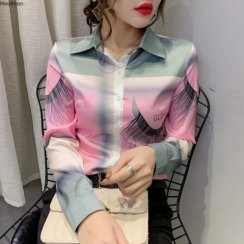 

Новые осенние женские блузки, рубашка-поло, топы с длинным рукавом, блузка с прострочкой, Повседневная Модная приталенная женская блузка из ...